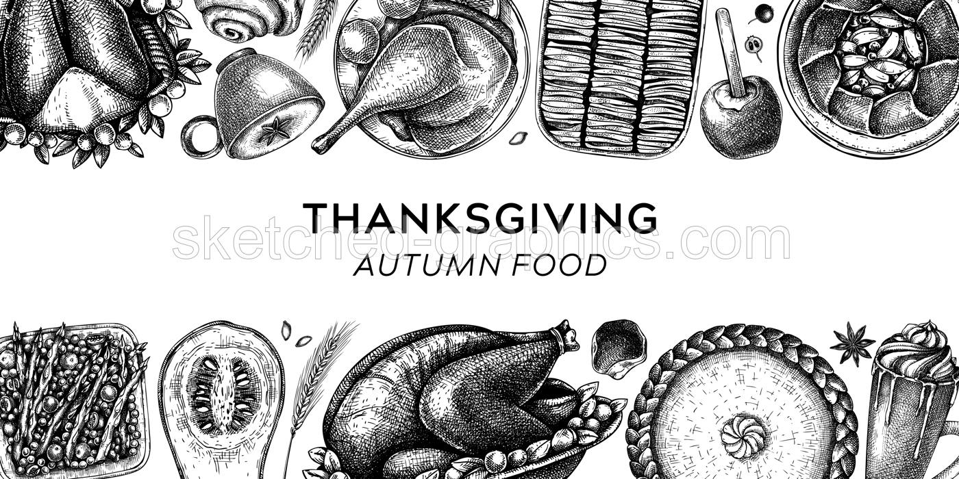 Thanksgiving dinner banner. Fall food and drinks trendy frame design. Vintage turkey, vegetables, pies, and hot drinks sketches. Vector autumn food template. Thanksgiving background in engraved style Illustration